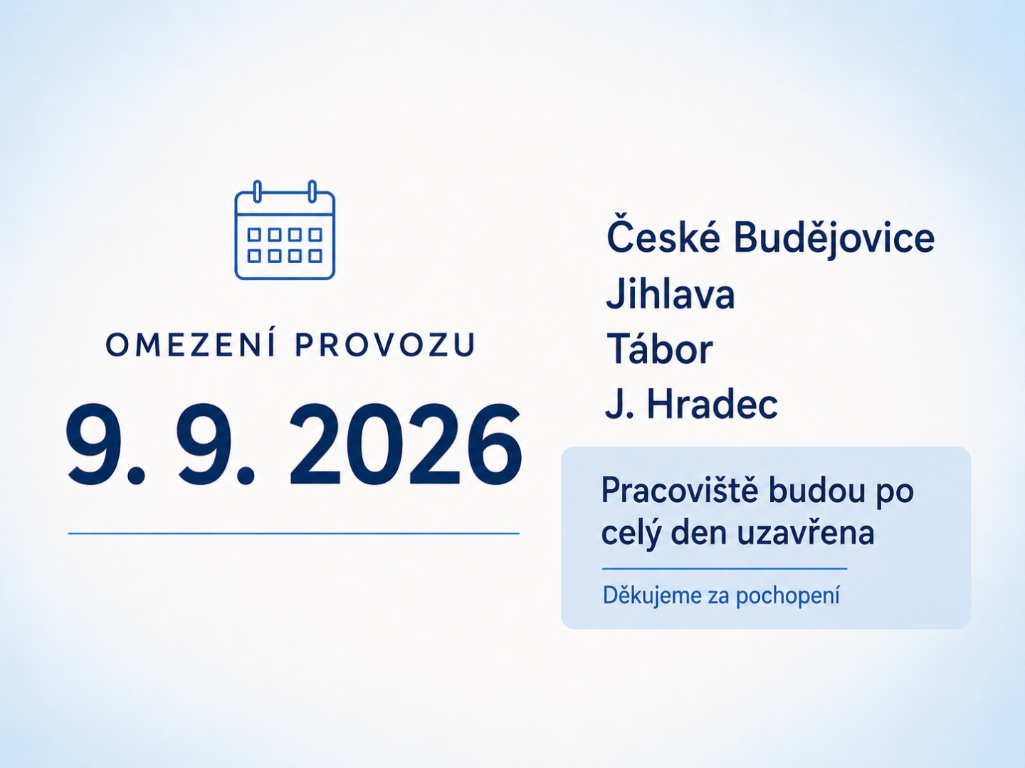 Omezení provozu ObZZ České Budějovice dne 9. září 2026