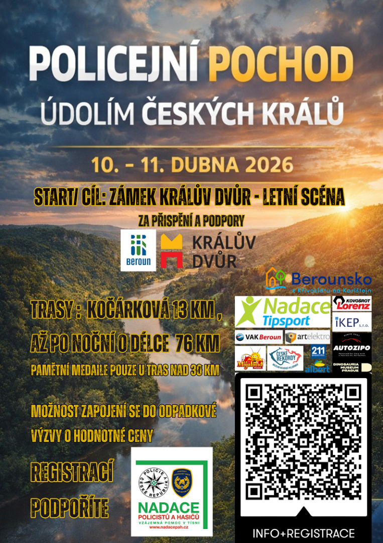 Policejní pochod Údolím českých králů 2026: pozvánka na turistickou akci v Králově Dvoře
